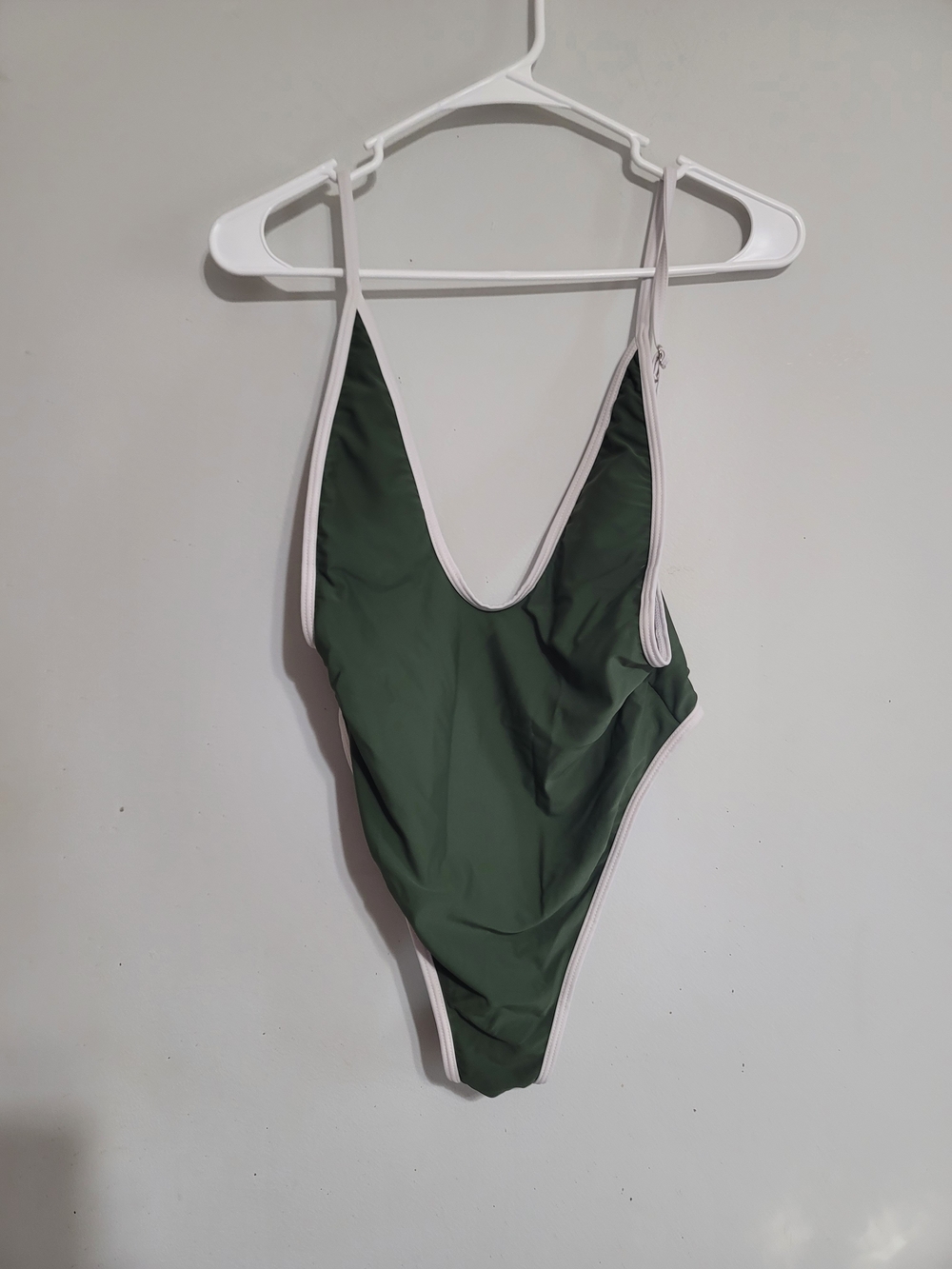 Classic High-Cut One-Piece Swimsuit in Forest Green And White Plunge Thong Sz M